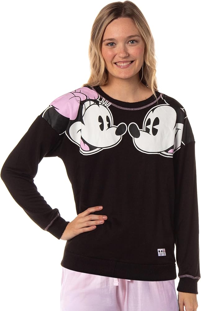 Disney Women's Minnie and Mickey Face to Face Long Sleeve Adult Lounge Pajama Top