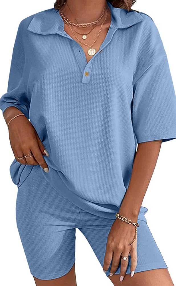 Ekouaer Pajamas 2 Piece Lounge Sets Waffle Knit Matching Outfits Oversized Shirt Loungewear Sweatsuits Summer Tracksuit Light Blue