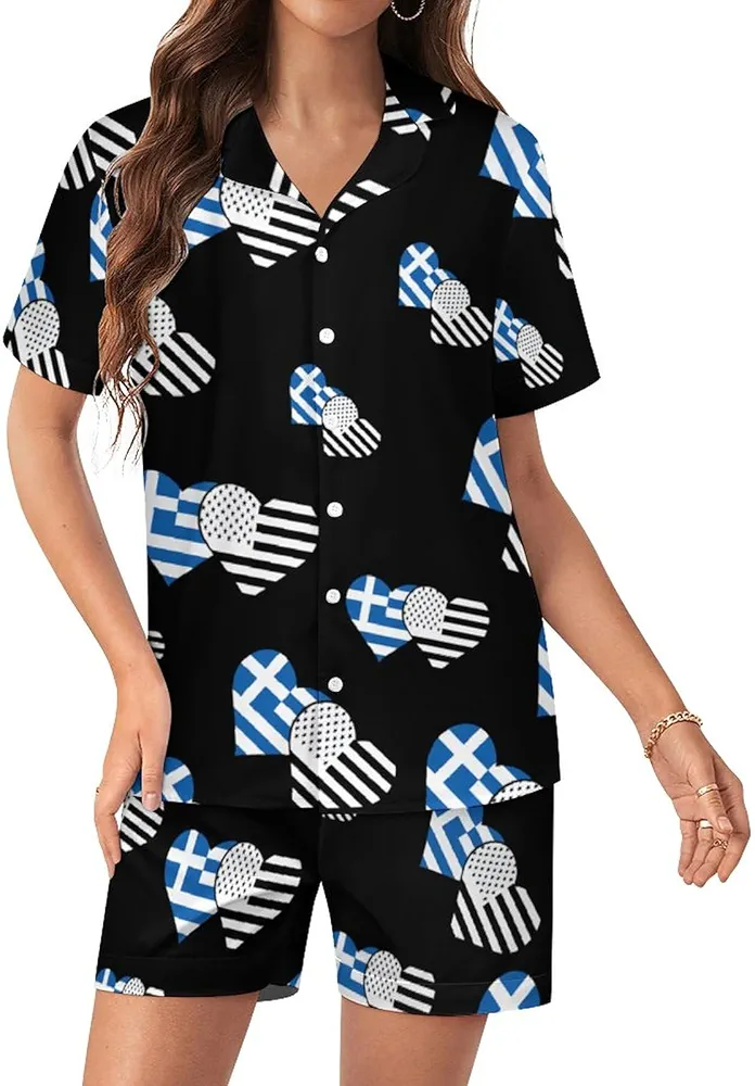 Greece and Black American Flag Womens Silk Satin Pajama Set Button Down Pjs Sleepwear Two Piece Short Sleeve Top with Shorts 2XL