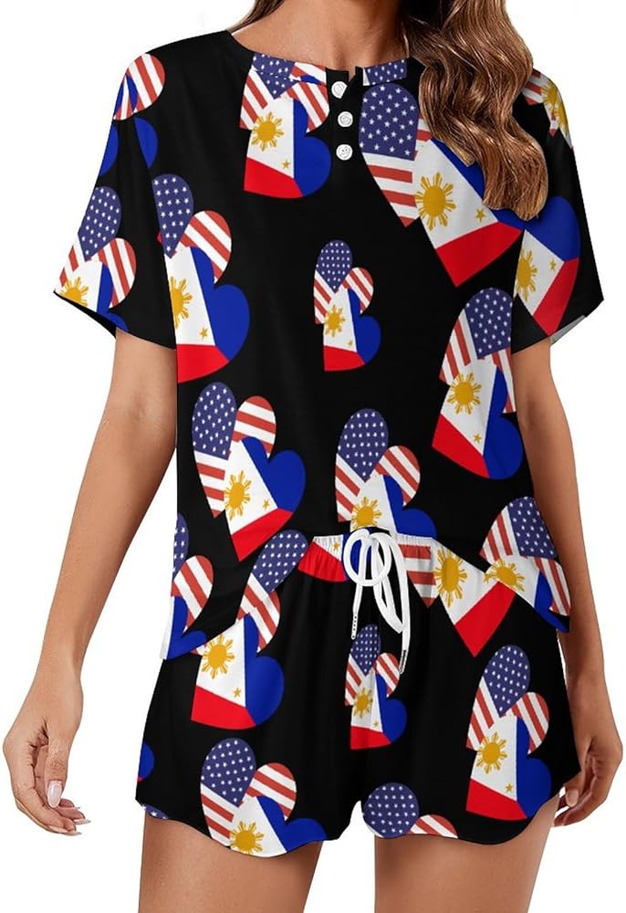 Philippines American Heart Flag Women's 2 Piece Pajamas Short Sleeve Shorts Sleepwear Set Causal Loungewear Home Suit 4XL