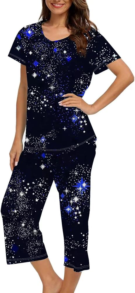 ENJOYNIGHT Women's Pajama Sets Cotton Sleepwear Tops with Capri Pants Cute Pjs