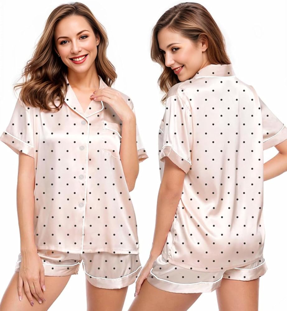 Womens Silk Satin Pajamas Set Short Sleeve Loungewear 2-Piece Sleepwear Button Down Polka Dot Pjs Set