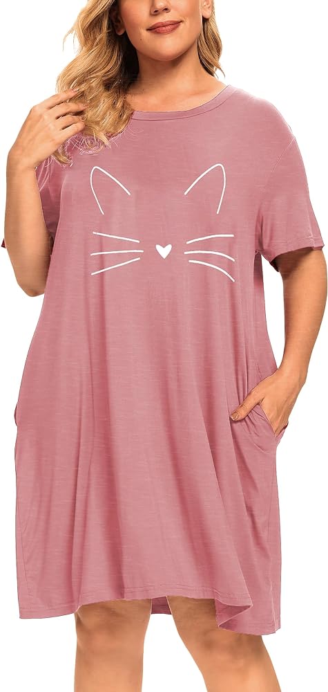 Plus Size Cat Graphic Nightgowns Women Cute Sleepwear Night Gown Dresses Sleep Shirts Pockets