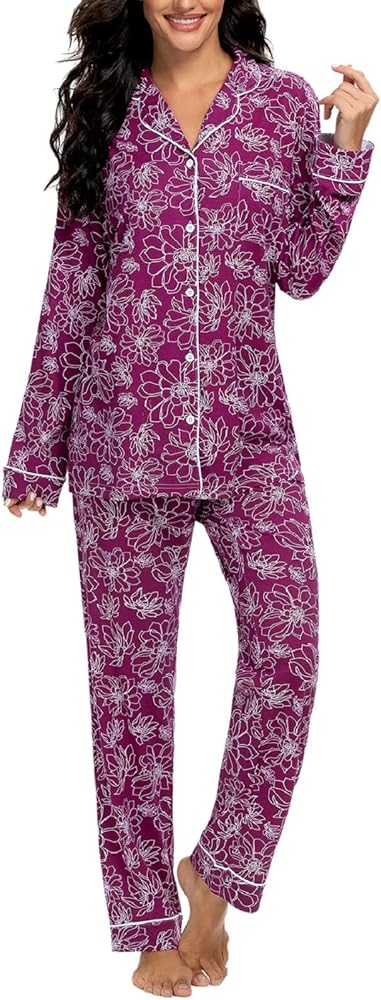 Tugege Pajamas Set Long Sleeve Sleepwear Womens Button Down Nightwear Pj Sets