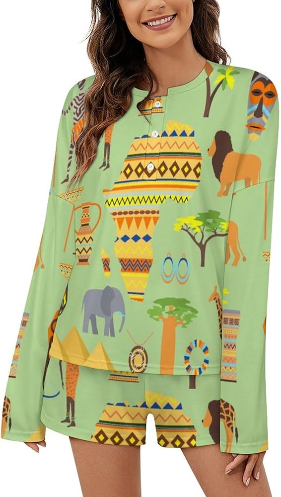 African Symbols Travel Safari Women's Pajamas Long Sleeve Sleepwear Tops And Shorts Set Comfy 2 Piece Pajama Loungewear Sets