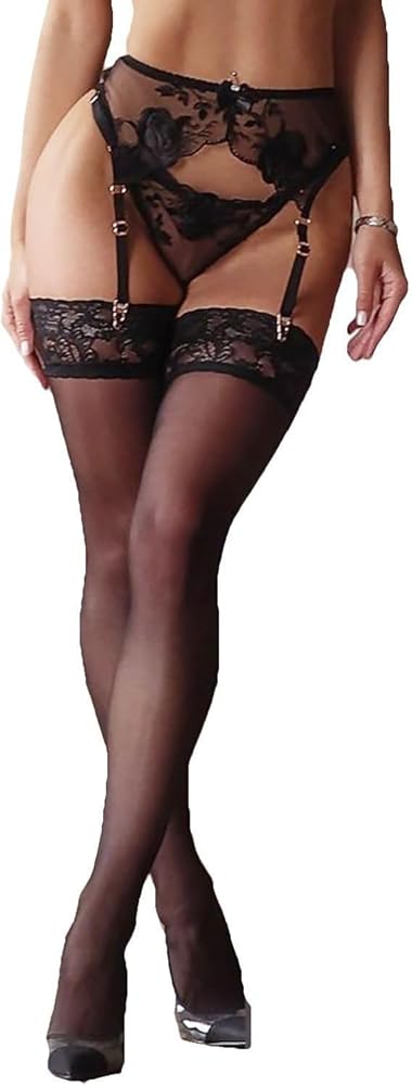 3 Pieces Lace Garter Belt Thong Stockings Set Women Sexy Sheer Mesh Suspender Lingerie with 4 Metal Clips for Thigh Highs