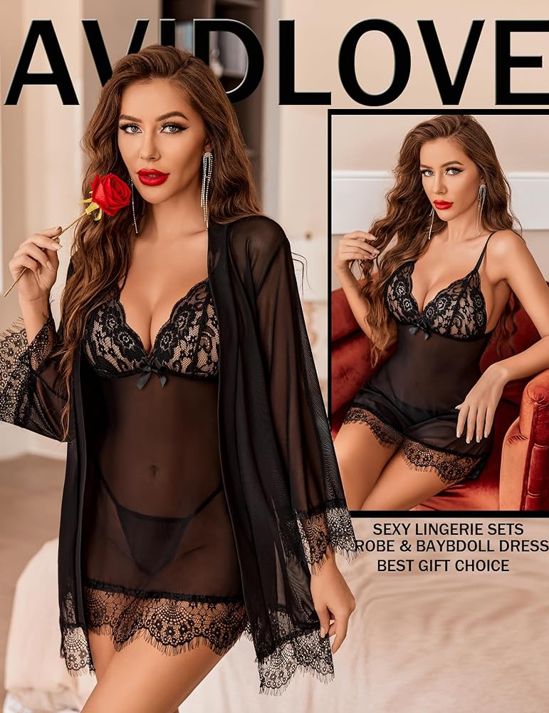 Avidlove Mesh Robe Sets Lace Babydoll Lingerie Dress with Panty(Black,S)