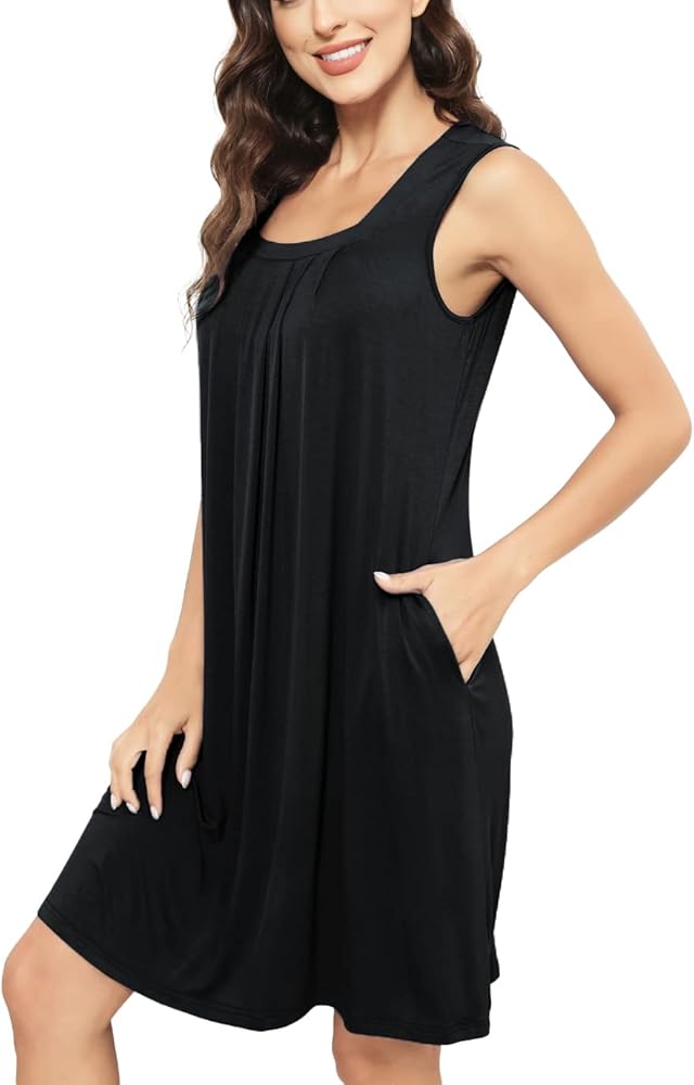 Women's Nightgown Sleeveless Nightshirts with Pockets Loose Home Sleep Dress Sleepwear for Ladies