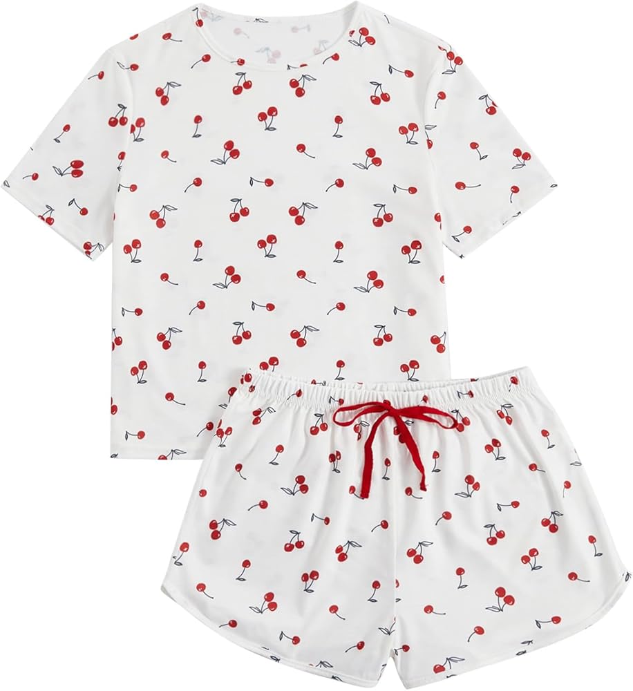 WDIRARA Women's Sleepwear Cherry Print Round Neck Short Sleeve Top and Bow Tie Shorts Pajama Set