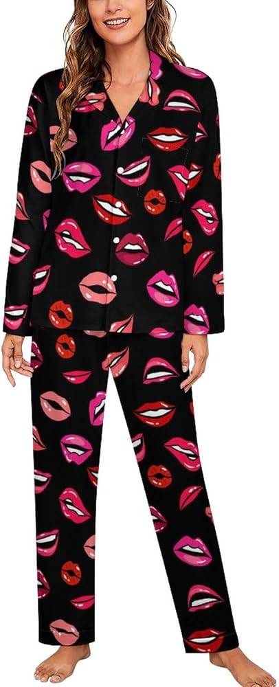 Pink Kiss Lips Women's Soft Pajama Sets Long Sleeve Button Shirt And Pant Sleepwear Lounge Sets Nightwear