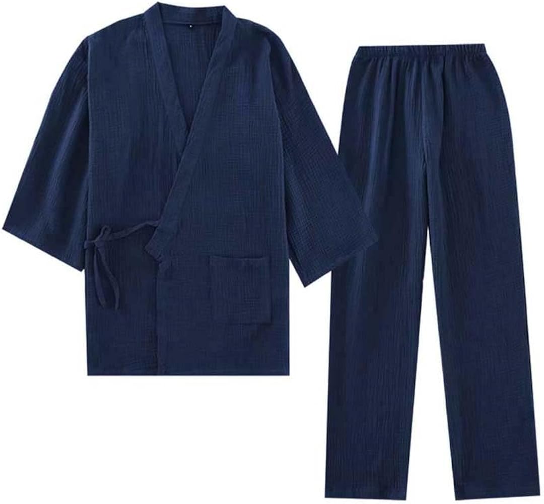 Fendawn Strive Classical Simple Japanese Style Cotton Bathrobe Pajamas Kimono Casual Clothes Unisex, Medium, Navy Blue