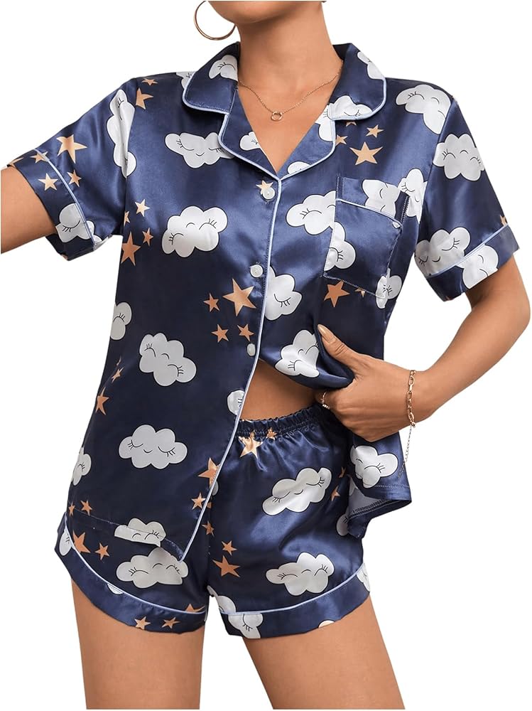 Verdusa Women's 2 Piece Satin Pajama Sets Button Up Short Sleeve Shirt with Shorts