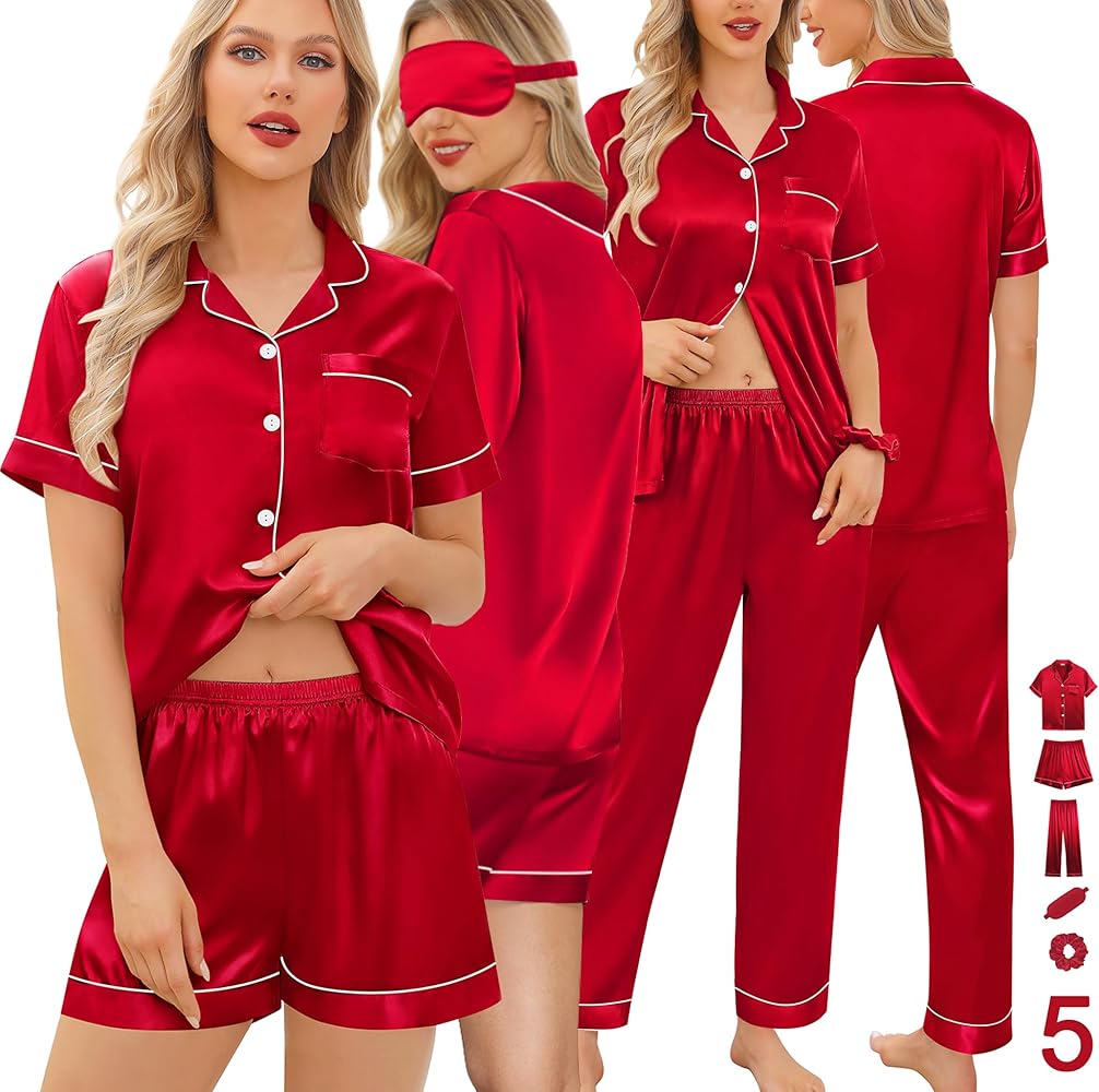 SWOMOG Womens 5 Pcs Silk Satin Pajamas Sets Short Sleeve Sleepwear Button Down Pjs Loungewear with Shorts & Long Pants Red Small