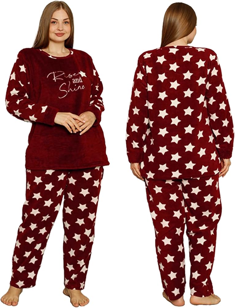 Women Plus Size Polar Pajama Set Long Sleeve Outfits Round Necks Nightwear Patterned Big Sleepwear