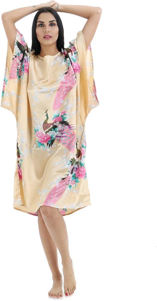 Women's Soft Silk Robe Printed Sleepwear Dress Batwing Sleeve Nightgown