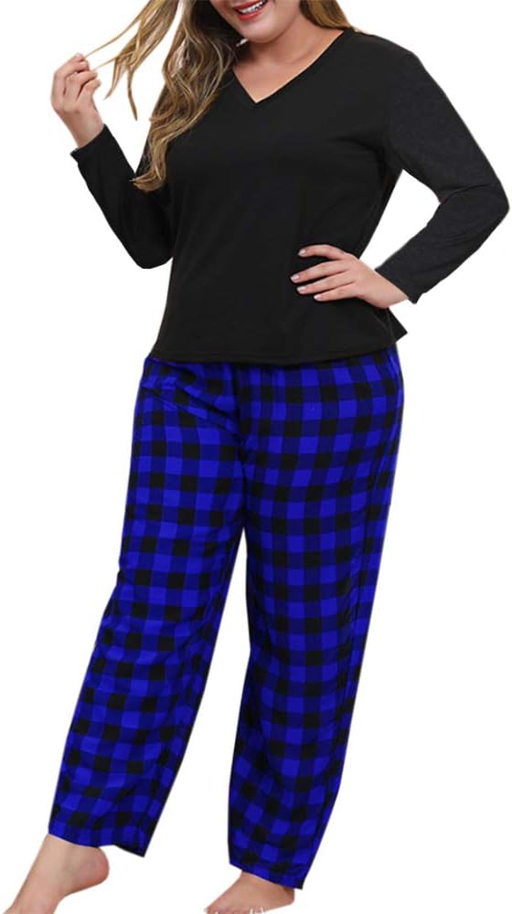 Women Plus Size Pajamas Set Plaid Lounge Pants V-Neck Short Sleeve Cotton T Shirt 2 Piece Sleepwear