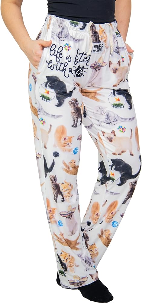 BRIEF INSANITY Kitty Cat Lounge Pajama Pants - Silky Soft, Breathable, Stretchy, with Pockets & Drawstring Waistband