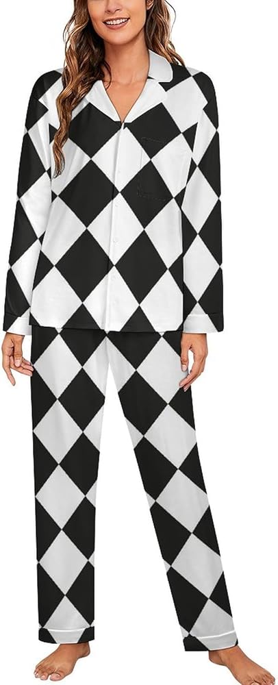 Black White Plaids Cotton 2 Pcs Womens Pajama Sets Long Sleeve Sleepwear Cuban Collar Nightwear Loungewear