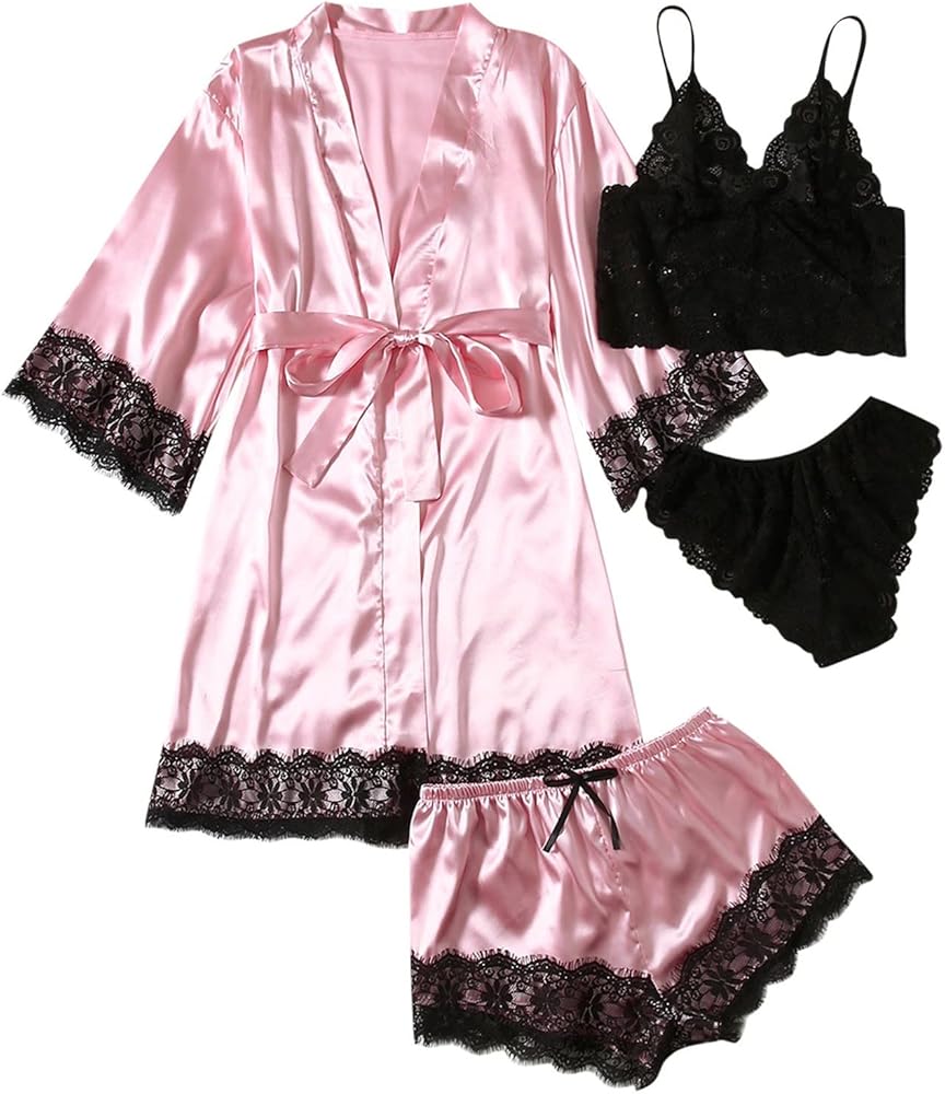 Womens Summer Pajamas Set 4pcs Sexy Lingerie Floral Lace Cami Shorts Sleepwear with Robe for Sex Naughty Boudoir Outfits