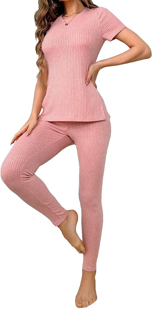 OYOANGLE Women's 2 Piece Pajamas Short Sleeve Split Hem Tee Shirt and Ribbed Leggings Lounge Set