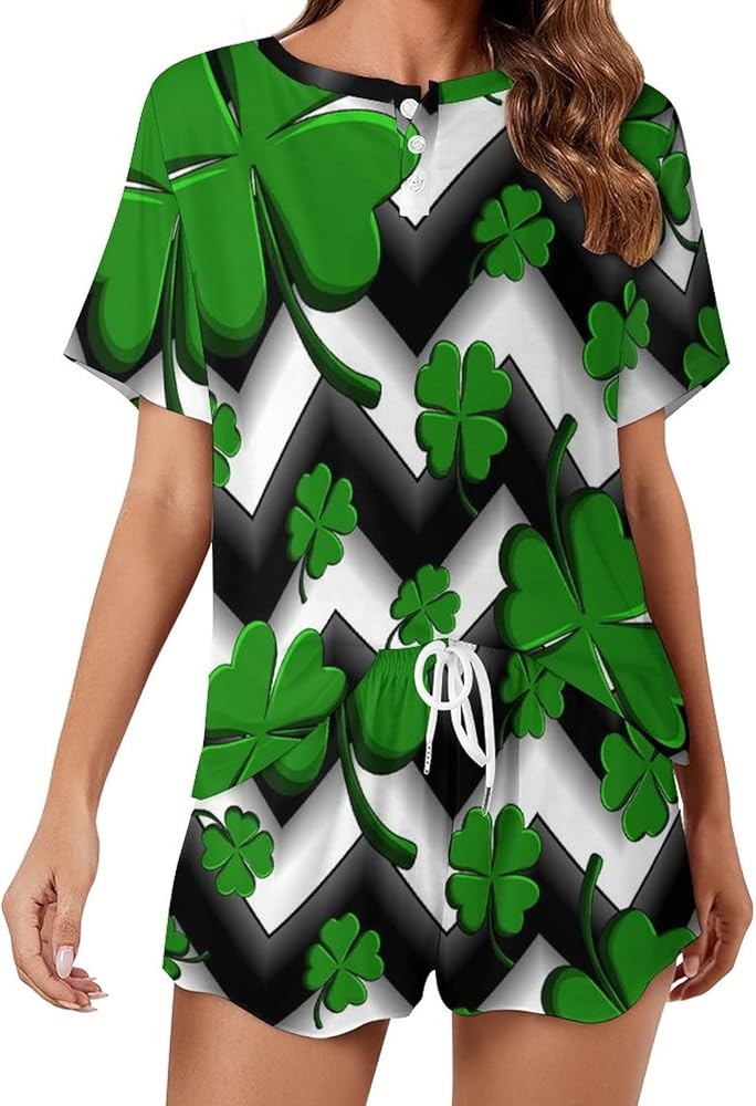 Four Leaves St Patricks Day Pajamas for Women Set Summer Home Lounge Suit Tops And Shorts Soft Sleepwear