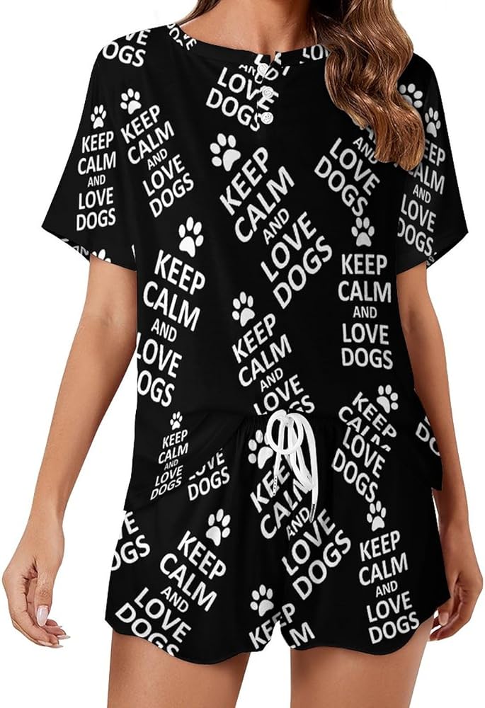 Keep Calm And Love Dogs Classic Women's Pajamas Loungewear Set Loose Short Sleeve Sleepwear With Pockets