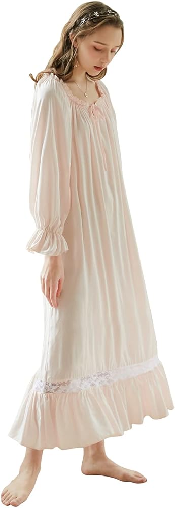 Women's Victorian Cotton Nightgown Lace Trim Vintage Sleepwear Long Sleeve Sleepshirts