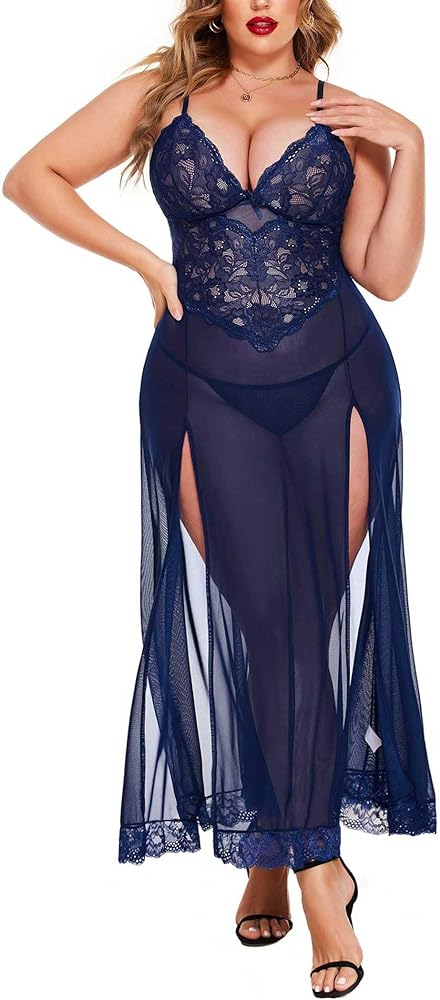 Avidlove Plus Size Lingerie For Women Babydoll Sexy Mesh Maxi Nightdress Strappy Exotic Sleepwear Side Slits