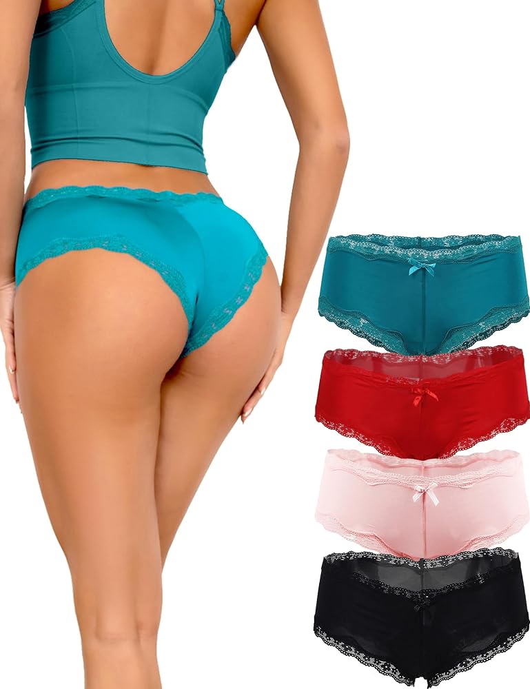 ohyeah Women Cheeky Underwear Panties Hipster Cotton Crotch Mid Waist Lace Trim Boyshorts Panties for Women Full Coverage