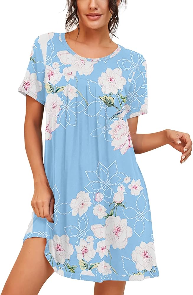 PrinStory Womens Sleepwear Short Sleeve Nightgown Soft Sleepshirt Pleated Nightshirt Scoopneck Casual Loungewear