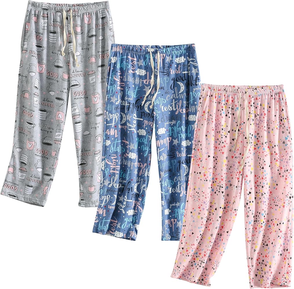 PNAEONG 3 Pack Women Pajama Pants Capri Length Drawstring Pj Bottoms Sleep Lounge Pants with Pockets S-3XL