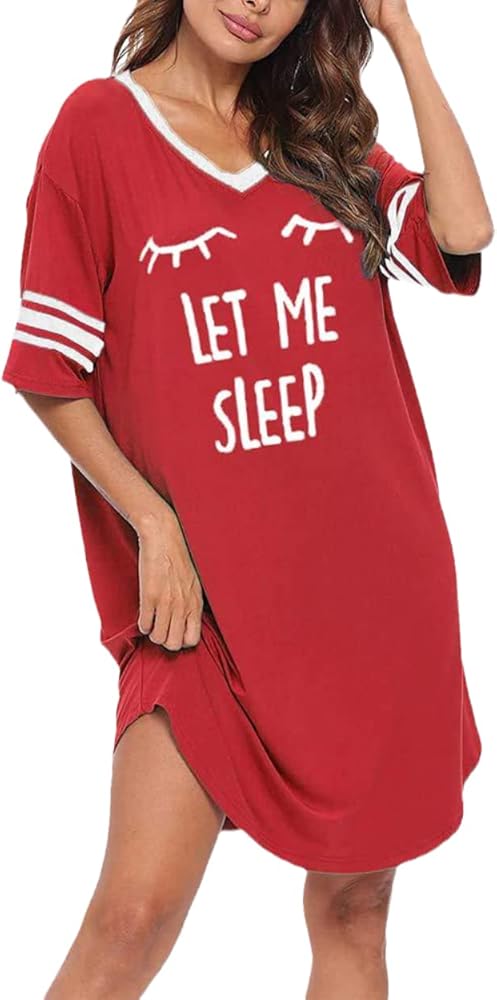 KAMONG Sleep Shirts for Women Short Sleeve Cotton Novelty Night Shirts V Neck Oversized Nightgowns Cute Printed Nightdress