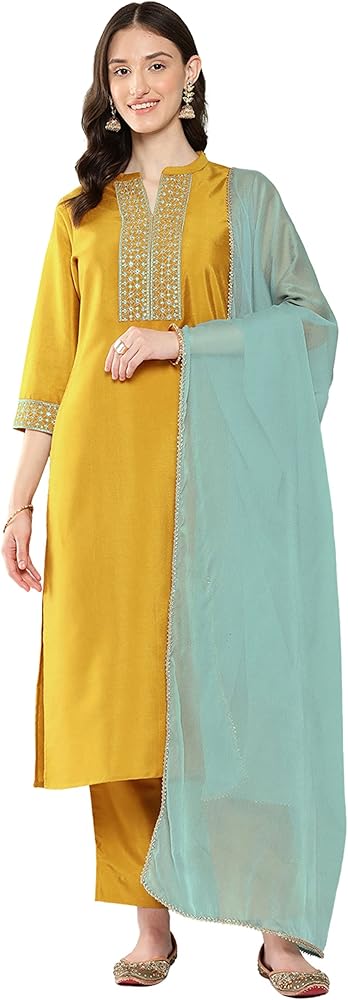 Janasya Indian Women's Mustard Crepe Silk Solid Kurta with Pant and Dupatta