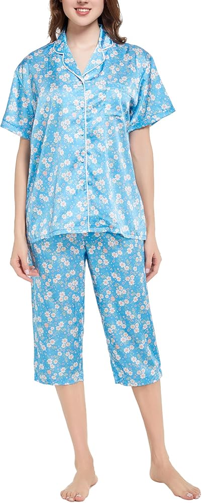 Women's Floral Satin Capri PJ Set Notch Collar Short Sleeve Sleepwear Button Down Pajamas Shirt and Sleep Pants