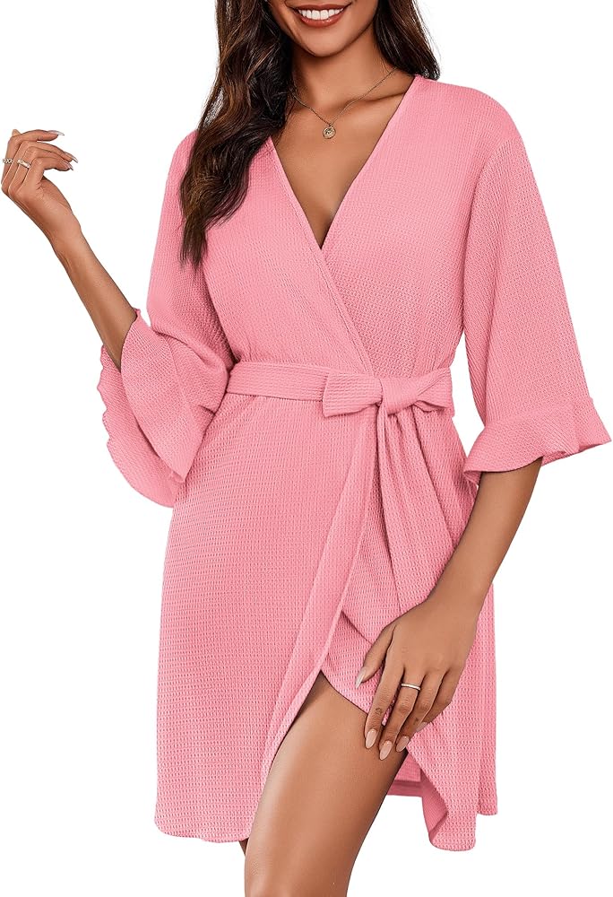 Ekouaer Women Waffle Robes 3/4 Sleeve Ruffle Knit Bathrobe Soft Lightweight Knee Length Robe Loungewear S-XXL