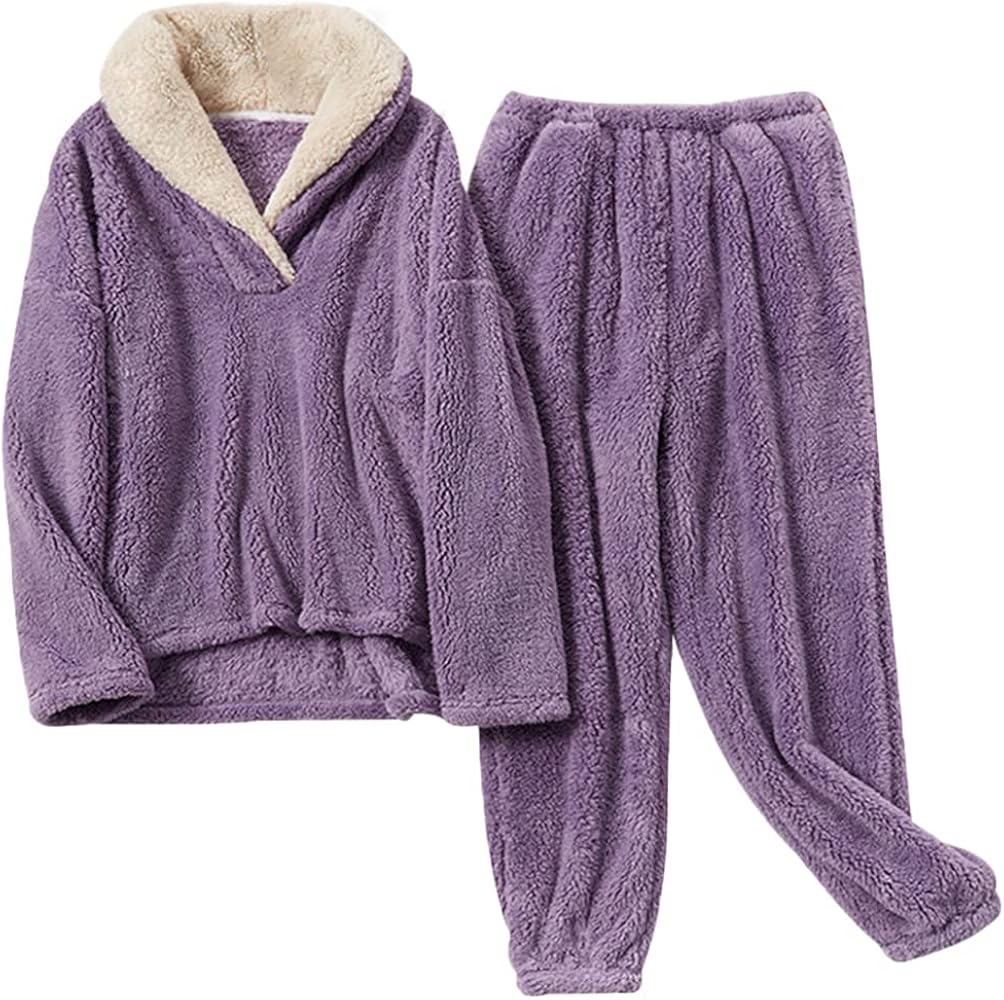 Hongsui Women' s Fluffy Pajamas Set Fleece Pullover Pants Loose Plush Sleepwear