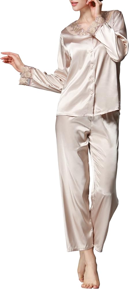 Afibi Women's Classic Satin Pajama Set Sleepwear Long Sleeve Loungewear