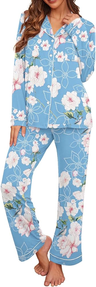 PrinStory Women's Pajamas Set Long Sleeve Sleepwear Casual Loungewear Soft Button Down Pjs Set with Pockets