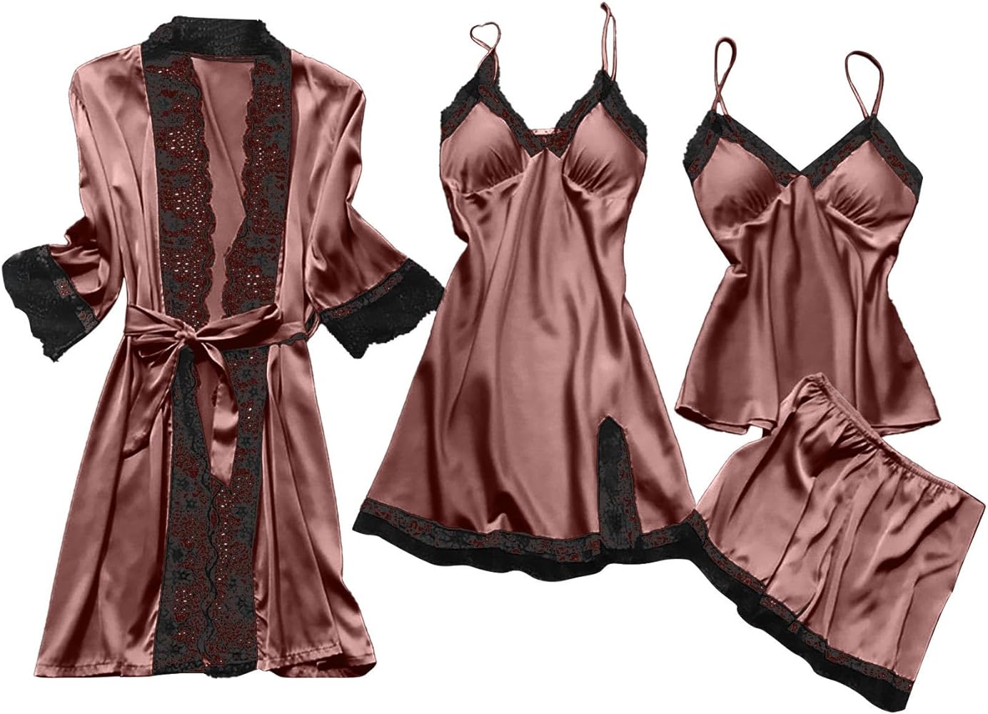 Sexy Pajama Set For Women Plus Size Comfy Silk Satin Lingerie Sets Classy 4 Piece Pjs Loungewear Lace Cute Sleepwear