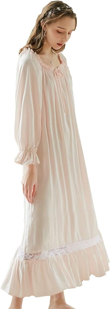 Women Nightgown Long Sleeve Sleepwear Victorian Princess Style Vintage Palace Maxi Nightdress