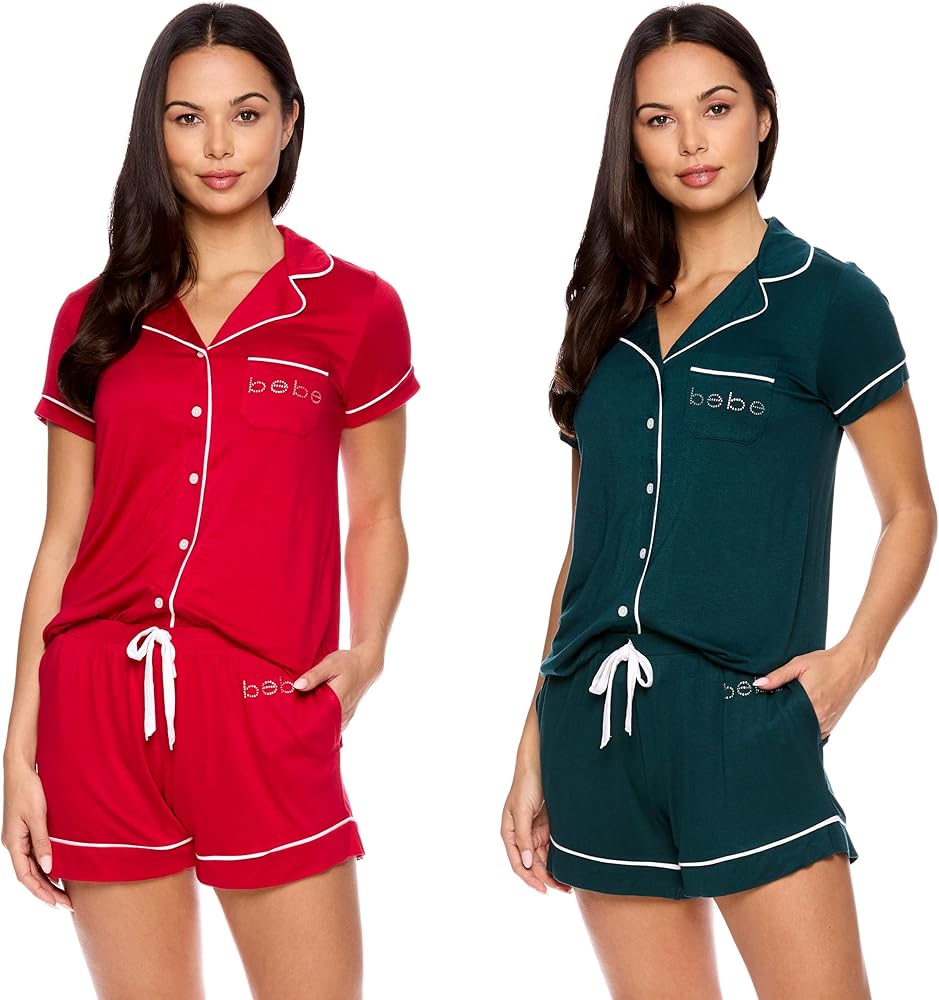 bebe Womens Pajama Sets 2-Pack, Short Sleeve Pajama Set for Women, Logo PJ Set for Women