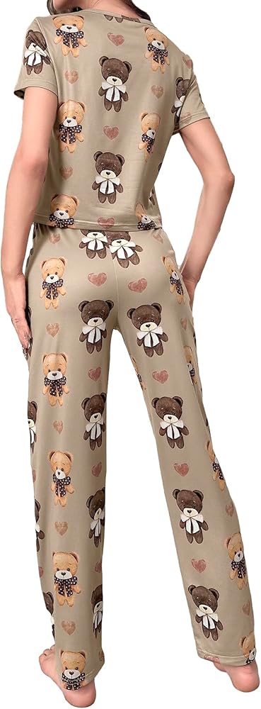 SOLY HUX Women's Cute Pajama Set Graphic Bear Print Top and Pants Sleepwear 2 Piece Loungewear