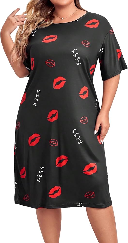 SHENHE Women's Plus Size Lip Print Short Sleeve Sleep Shirt Loose Nightgown Lounge Dress Black 4X-Large Plus