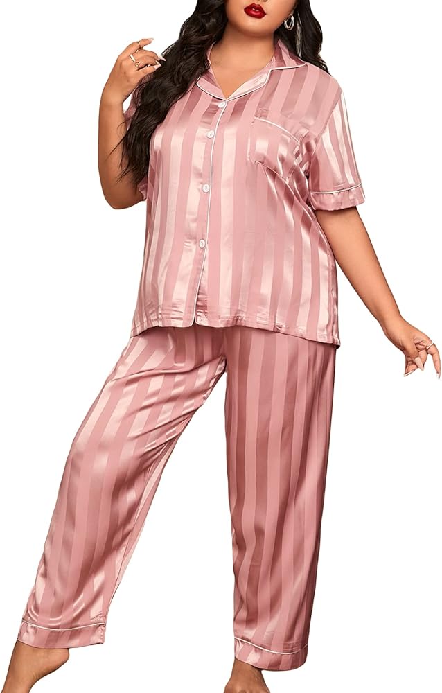 Milumia Women's Plus Size Satin Pajama Set 2 Piece Notch Collar Sleepwear Loungewear Dusty Pink Plain 4X-Large Plus