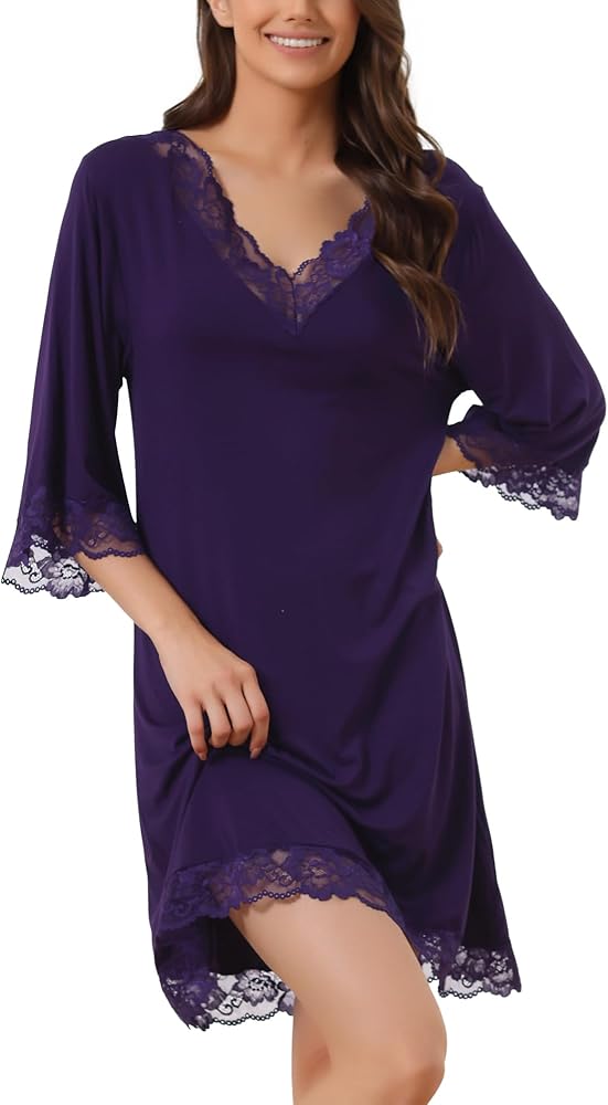 cheibear Womens Lace Nightshirt Cotton Soft Half Sleeve Sleepshirt Loungewear Pajama Nightgown