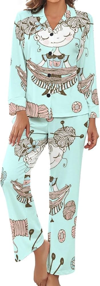 Women's V-neck Sleepwear Long Sleeve Button Shirt And Soft Pajama Set Comfortable PJ