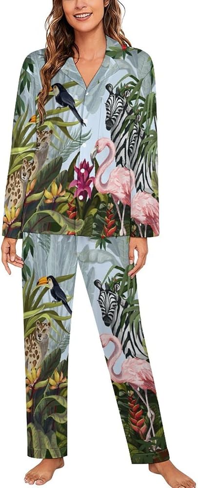 Jungle Landscape with Wild Animals 2-Piece Pajama Set for Women Long Sleeve Button Top And Pants Sleepwear Loungewear