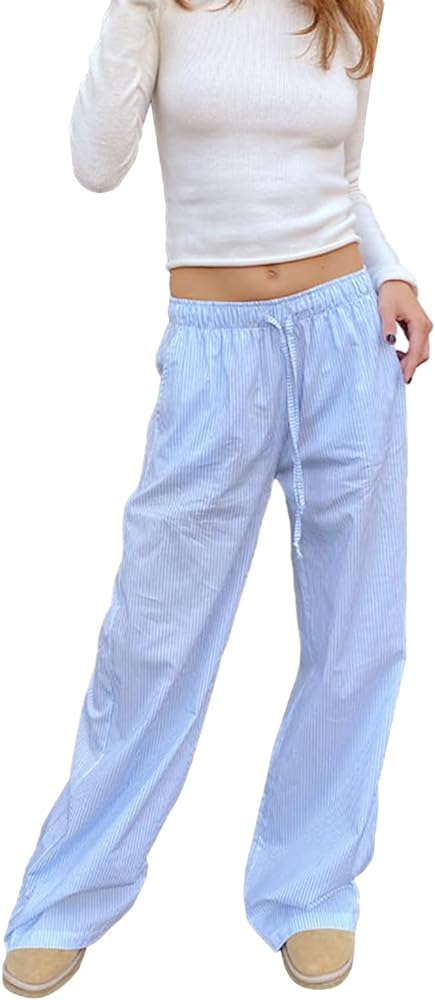 Women Y2k Striped Pants High Waist Drawstring Wide Leg Lounge Pants Pinstripe Pajama Pants PJ Trousers