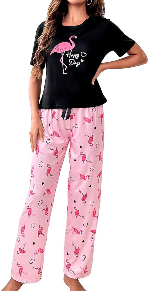 Floerns Women's Cartoon Print Short Sleeve Top with Long Pants Two Piece Pajama Sets