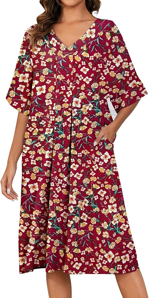 Bloggerlove House Dress for Women with Pockets S-3XL Moo Moo Nightgown Short Sleeve Floral Print Muumuu Lounge Dress